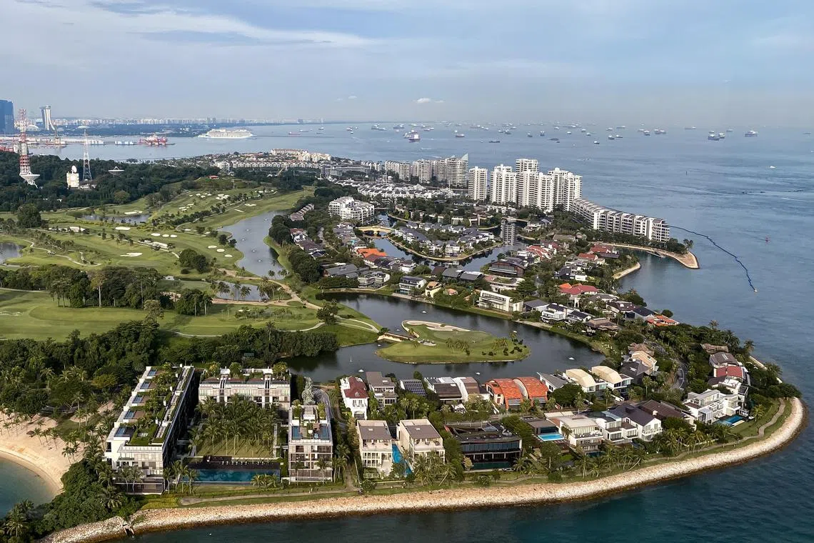 Aerial view of Sentosa Cove bungalows and condominiums.