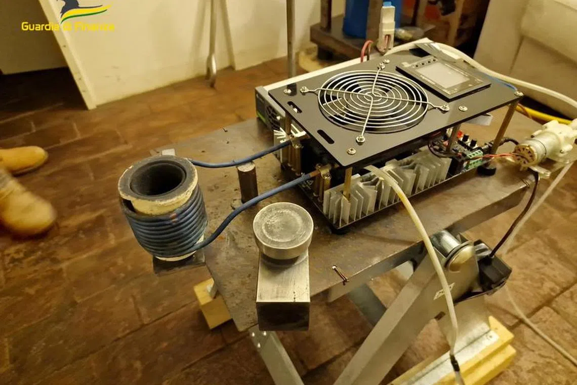 An undated handout picture released by Guardia di Finanza shows tools that were seized as a part of an operation against fentanyl trafficking from China to U.S., in Piacenza, Italy. Guardia di Finanza Press Office/Handout via REUTERS