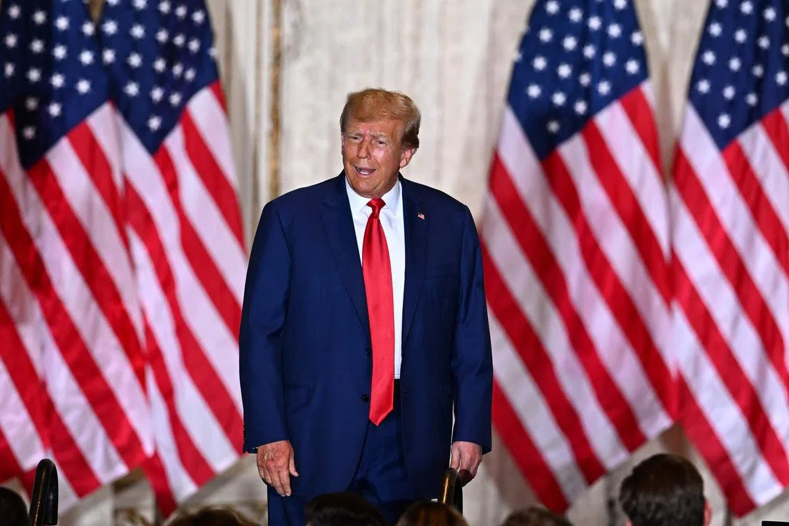 Former US president Donald Trump speaks during a press conference in Palm Beach, Florida, after his court appearance.
