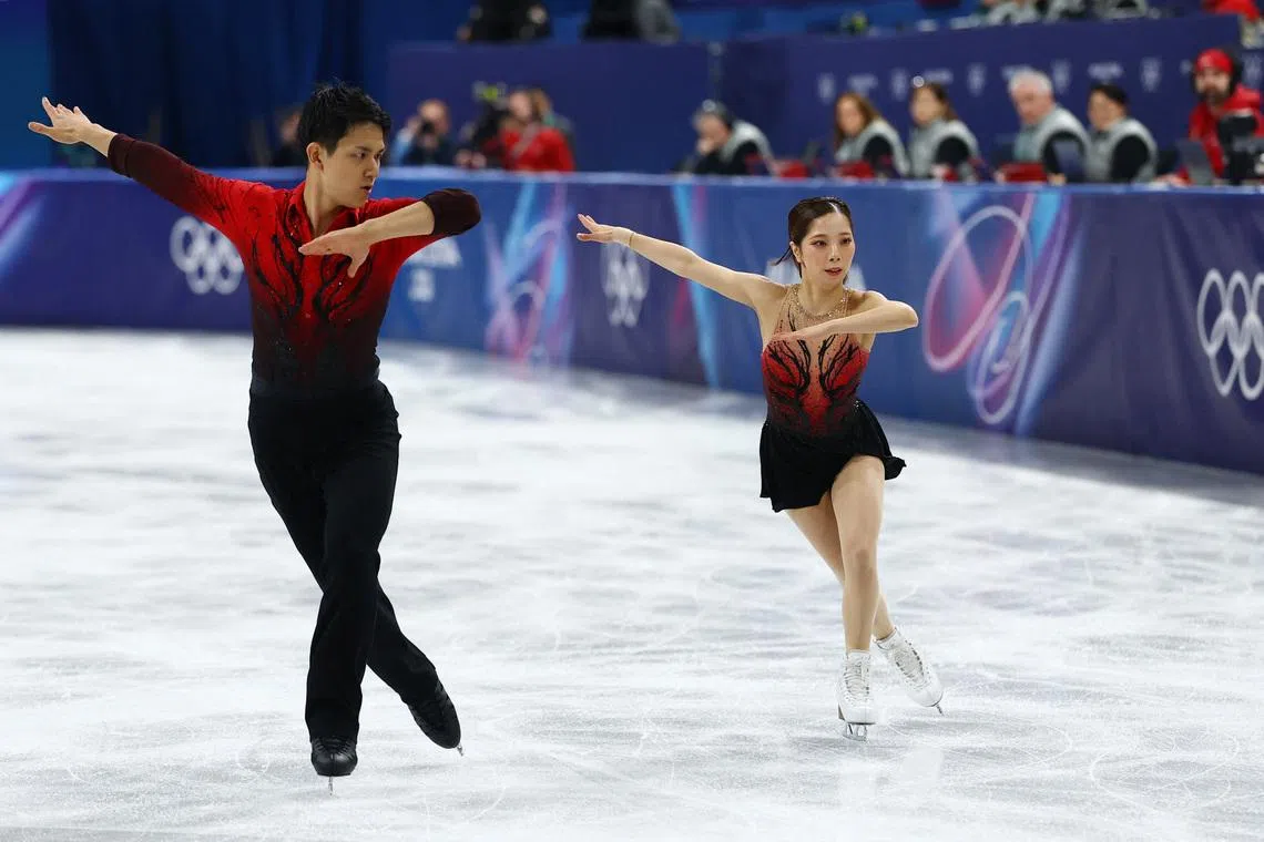 Milano Cortina 2026 Olympics - Figure Skating - Pair Skating - Short Program - Milano Ice Skating Arena, Milan, Italy - February 15, 2026. Riku Miura of Japan and Ryuichi Kihara of Japan perform during the Short Program. REUTERS/Claudia Greco