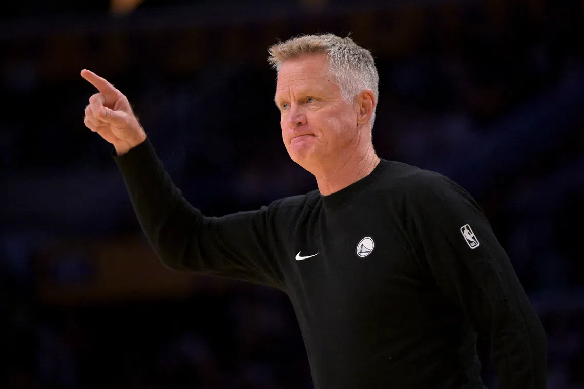 Oct 12, 2025; Los Angeles, California, USA;  Golden State Warriors Head Coach Steve Kerr during the first half against the Los Angeles Lakers at Crypto.com Arena. Mandatory Credit: Jayne Kamin-Oncea-Imagn Images