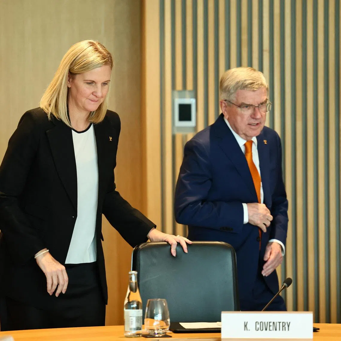New International Olympic Committee president-elect Kirsty Coventry with outgoing chief Thomas Bach. 