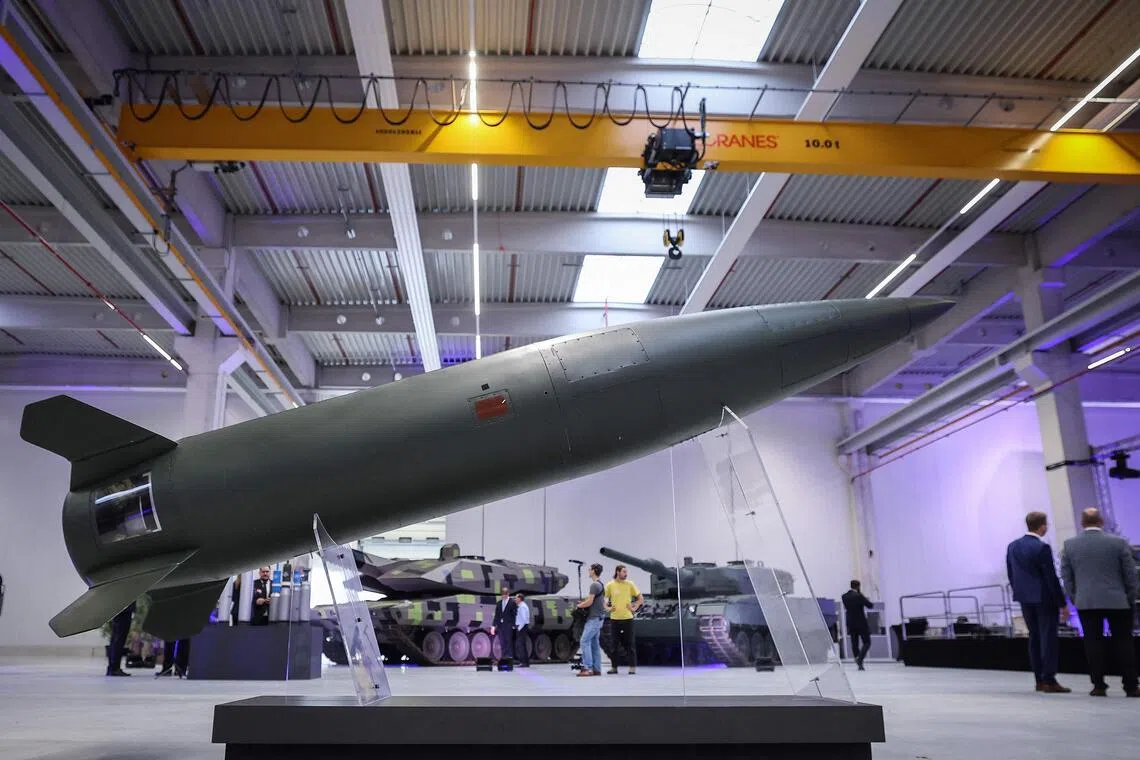 An ATACMS rocket on display at an artillery plant in Germany.