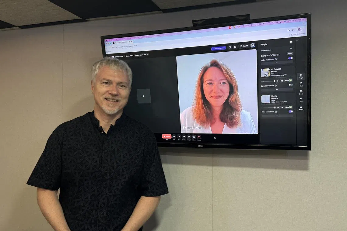 ST Climate change editor, David Fogarty speaks to Sherry Madera, Chief Executive of CDP (on screen) in the podcast studio. 