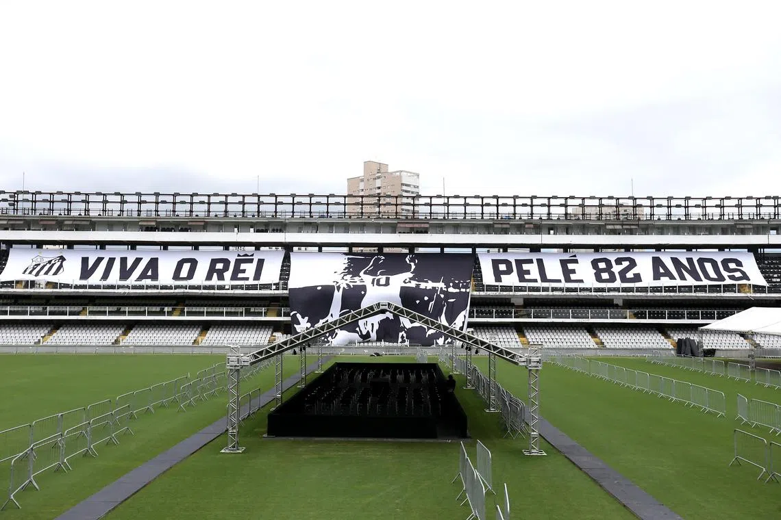 The Vila Belmiro stadium, ground of the Santos club that is preparing to receive the body of former player Pele on Monday.