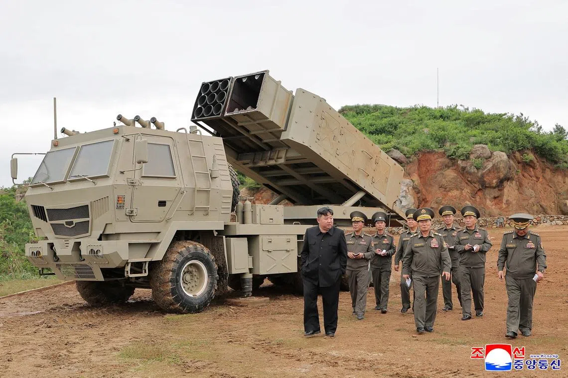 North Korean leader Kim Jong Un oversees test launches of a mix of tactical ballistic missiles, artillery rockets and precision cruise missiles, at an undisclosed location in North Korea, May 26, 2026, in this picture released May 27, 2026 by North Korea's official Korean Central News Agency. KCNA via REUTERS