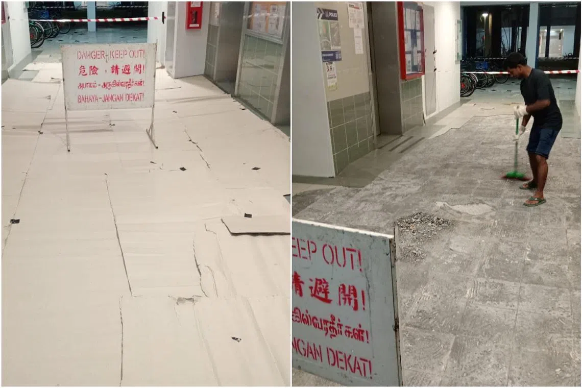 Town council workers removed the popped tiles at Block 691A Choa Chu Kang Crescent.
