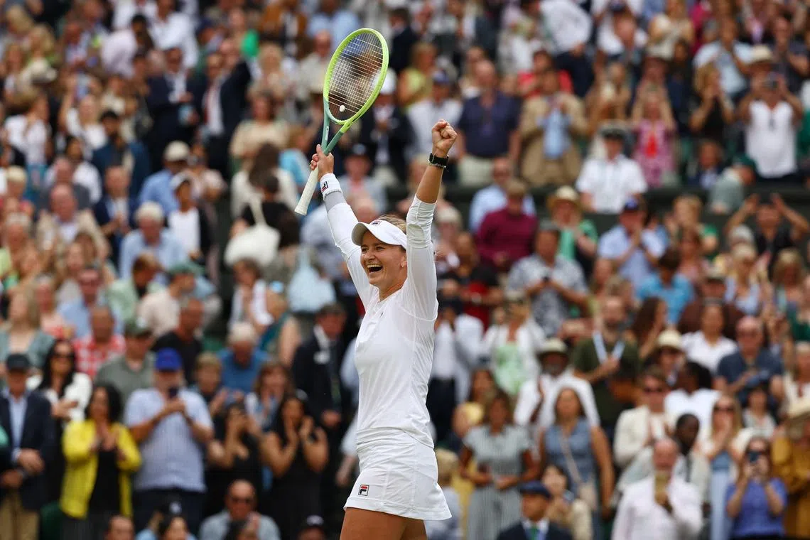 Tennis - Wimbledon - All England Lawn Tennis and Croquet Club, London, Britain - July 11, 2024 Czech Republic's Barbora Krejcikova celebrates winning her semi final match against Kazakhstan's Elena Rybakina REUTERS/Matthew Childs