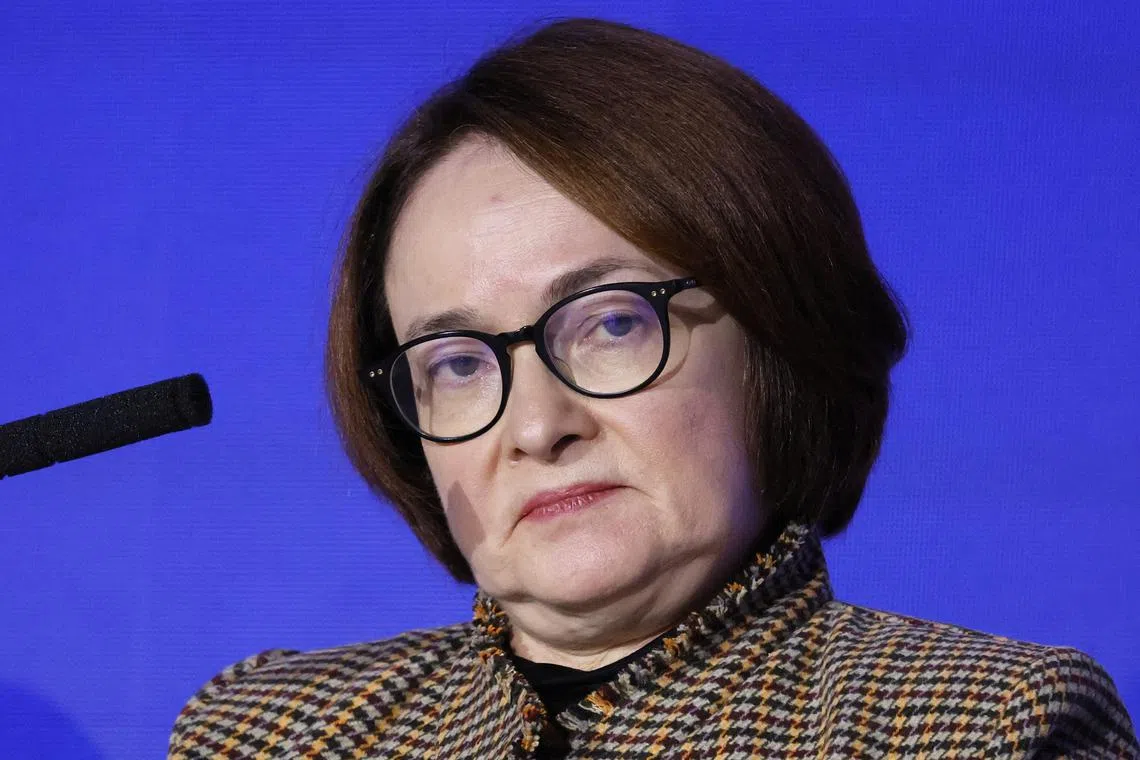 Governor of the Russian Central Bank Elvira Nabiullina attends a plenary session of the VTB Investment Forum 'Russia Calling' in Moscow, Russia December 4, 2024. Yuri Kochetkov/Pool via REUTERS/File Photo