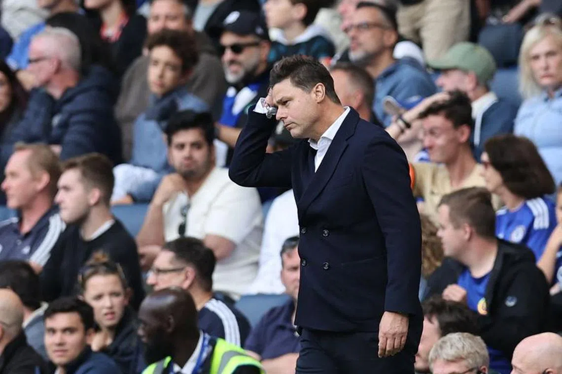 Soccer Football - Premier League - Chelsea v Aston Villa - Stamford Bridge, London, Britain - September 24, 2023 Chelsea manager Mauricio Pochettino reacts REUTERS/David Klein