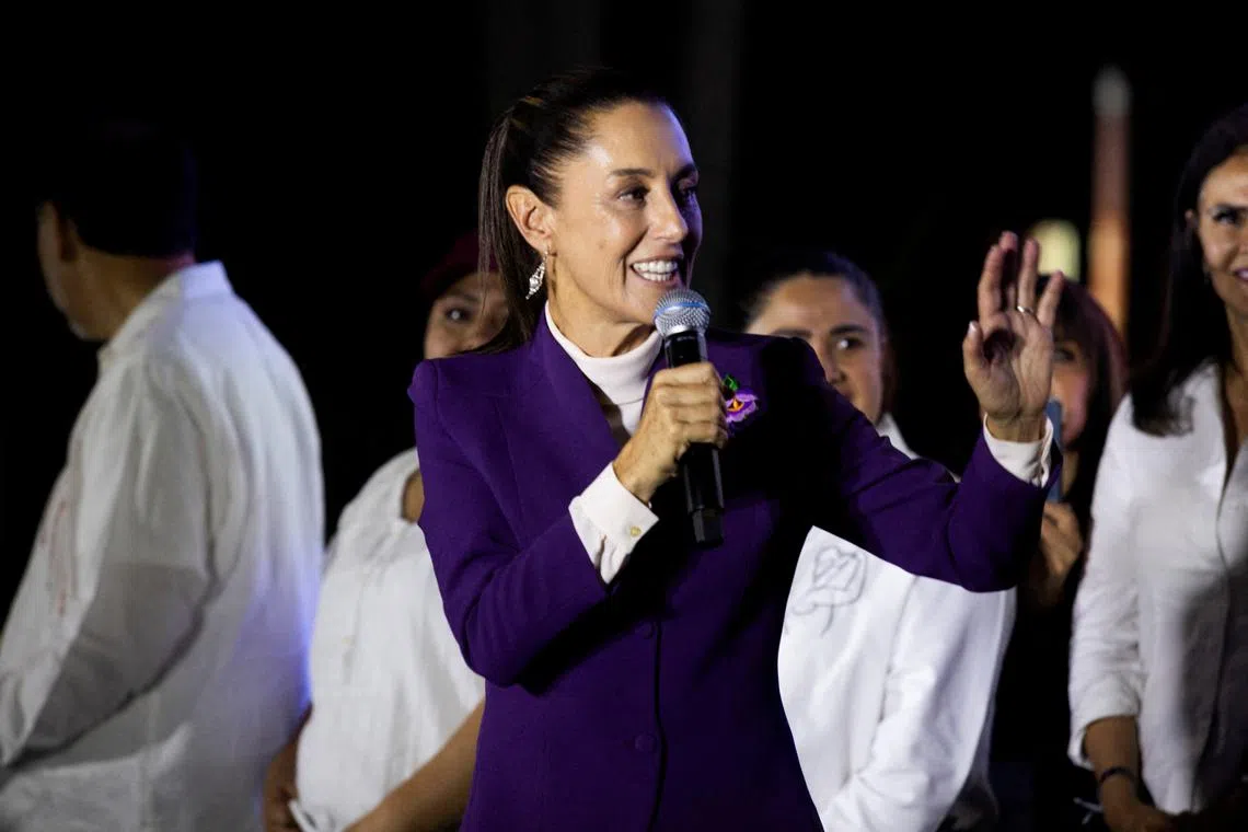 FILE PHOTO: Presidential candidate of the ruling MORENA party Claudia Sheinbaum speaks on the day of the last presidential debate outside the Tlatelolco University Cultural Center, in Mexico City, Mexico, May 19, 2024. REUTERS/Quetzalli Nicte-Ha/File Photo