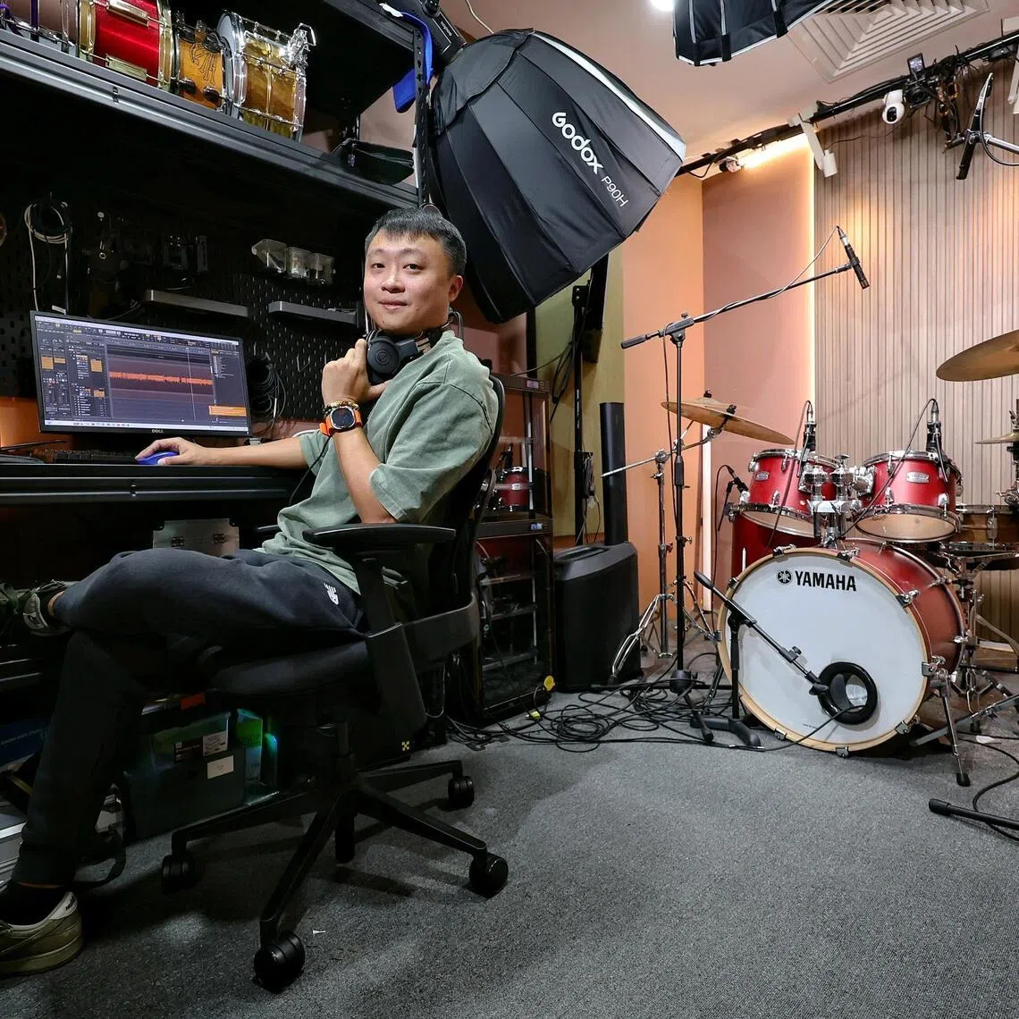 Portrait of Mr Dane Tan, founder of Drum Tannery, in the recording studio of the school on Marine Parade on Nov 5, 2025.