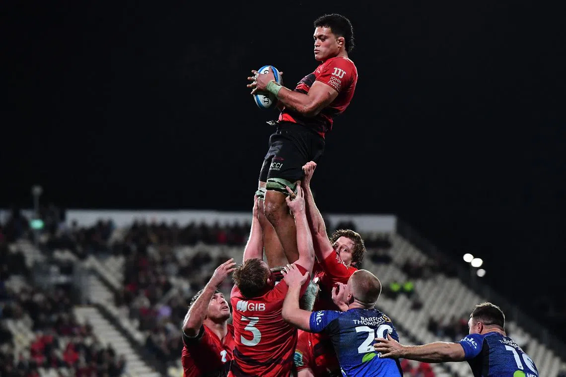 Crusaders' Christian Lio-Willie wins a line-out in the Super Rugby Pacific semi-final against the Blues in Christchurch on June 13, 2025. He is one of five uncapped players in the All Blacks squad. 