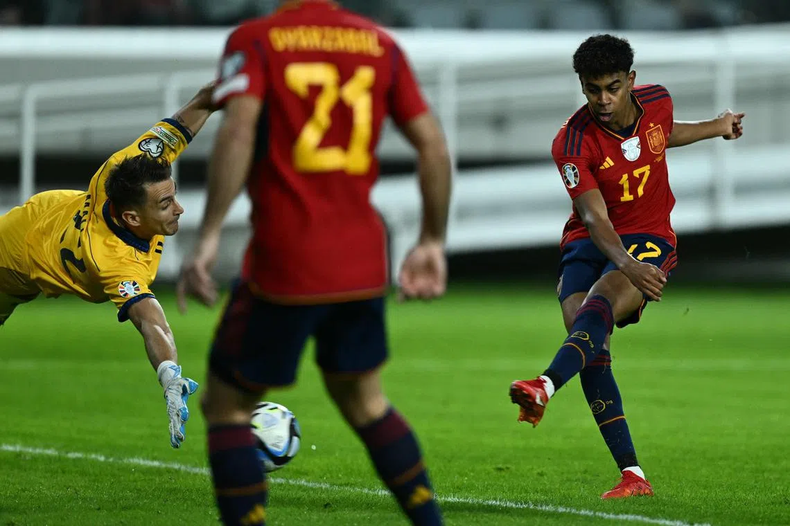 Sixteen-year-old Lamine Yamal opens the scoring for Spain in the fifth minute.