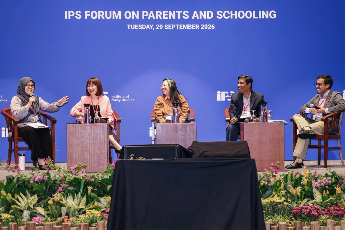 (From right) Institute of Policy Studies deputy director Aaron Maniam moderating a panel discussion, with Institute of Policy Studies Social Lab head and principal research fellow Mathew Mathews, Community Psychology Hub Ltd principal clinical psychologist and senior assistant director Quah Saw Han, Mums@Work Singapore founder Sher-li Torrey, and Singapore Institute of Technology associate vice provost (Community-Engaged Learning) Intan Azura Mokhtar on Sept 29.