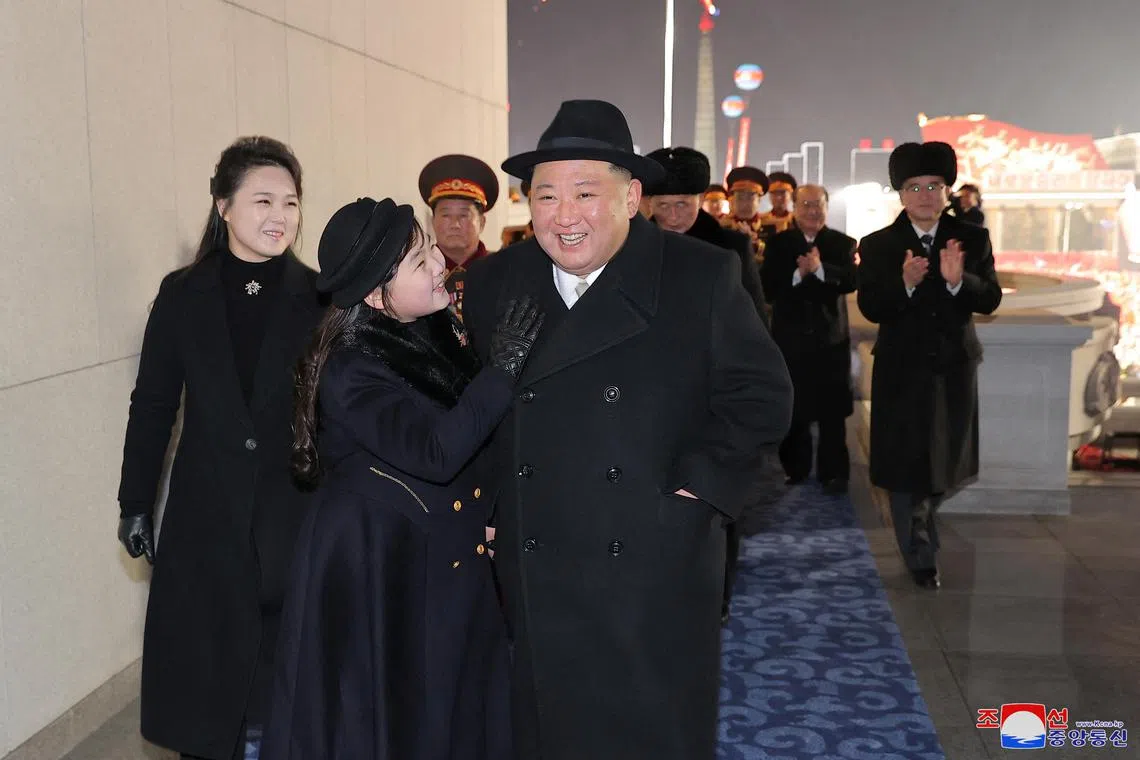 North Korean leader Kim Jong Un, his wife Ri Sol Ju and their daughter Kim Ju Ae attend a military parade to mark the 75th founding anniversary of North Korea's army, at Kim Il Sung Square in Pyongyang, North Korea February 8, 2023, in this photo released by North Korea's Korean Central News Agency (KCNA).    KCNA via REUTERS    ATTENTION EDITORS - THIS IMAGE WAS PROVIDED BY A THIRD PARTY. REUTERS IS UNABLE TO INDEPENDENTLY VERIFY THIS IMAGE. NO THIRD PARTY SALES. SOUTH KOREA OUT. NO COMMERCIAL OR EDITORIAL SALES IN SOUTH KOREA.
