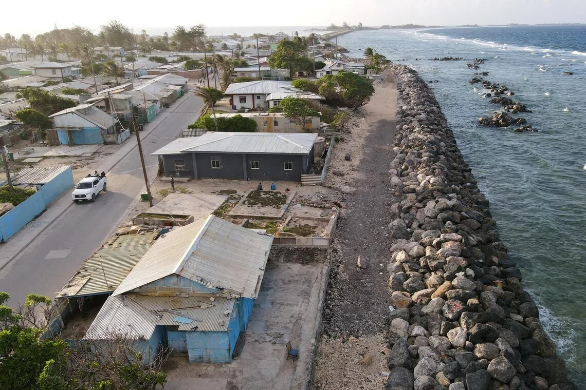 A drone view of a seawall under construction, funded by the World Bank and Green Climate Fund, along the coast of Ebeye, Marshall Islands, June 13, 2025. PHOTO: REUTERS