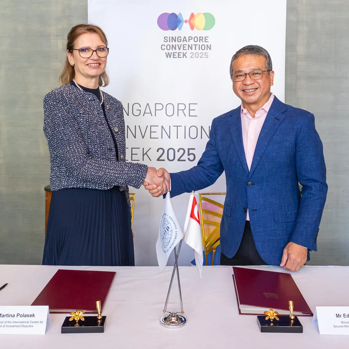 The letter of intent was signed by Law Minister Edwin Tong (right) and ICSID secretary-general Martina Polasek on the sidelines of Singapore Convention Week 2025 on Aug 25.