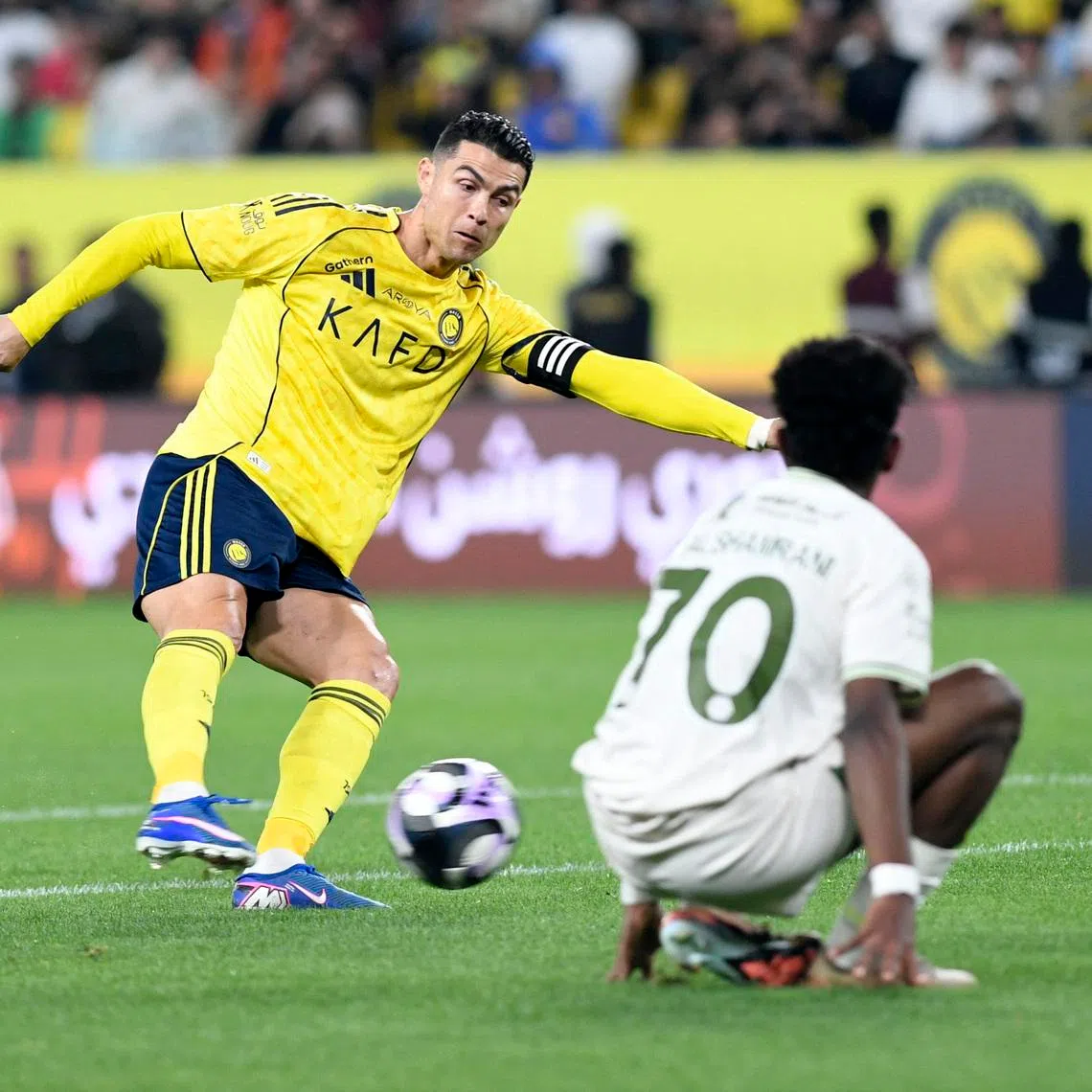 Soccer Football - Saudi Pro League - Al Nassr v Al Hazem - Al Awwal Park, Riyadh, Saudi Arabia - February 21, 2026 Al Nassr's Cristiano Ronaldo shoots at goal REUTERS/Stringer