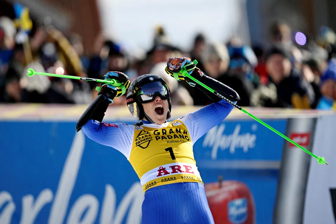 FILE PHOTO: Alpine Skiing - FIS Alpine Ski World Cup - Women's Giant Slalom - Are, Sweden - March 8, 2025 Italy's Federica Brignone reacts during the second run of the women's giant slalom   Pontus Lundahl/TT News Agency via REUTERS