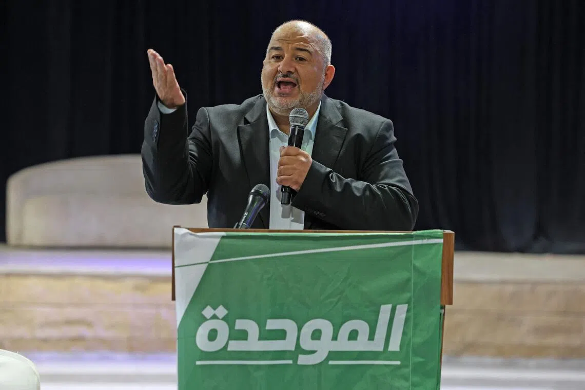 Mansour Abbas, head of Israel’s conservative Islamic Raam party, at a campaign rally in the Arab-Israeli village of Abu Gosh on Oct 21.