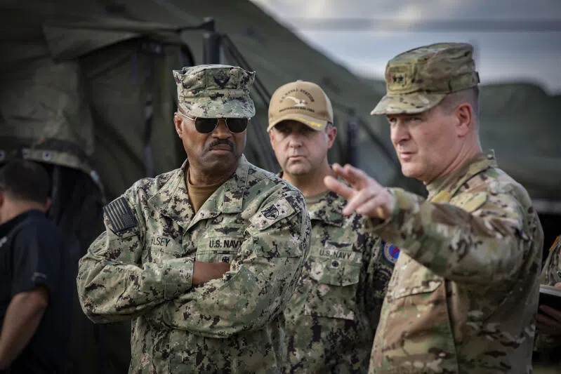 US Navy Admiral Alvin Holsey (left) commander of the US Southern Command, visits Naval Base Guantanamo Bay in Cuba, on Feb 5.