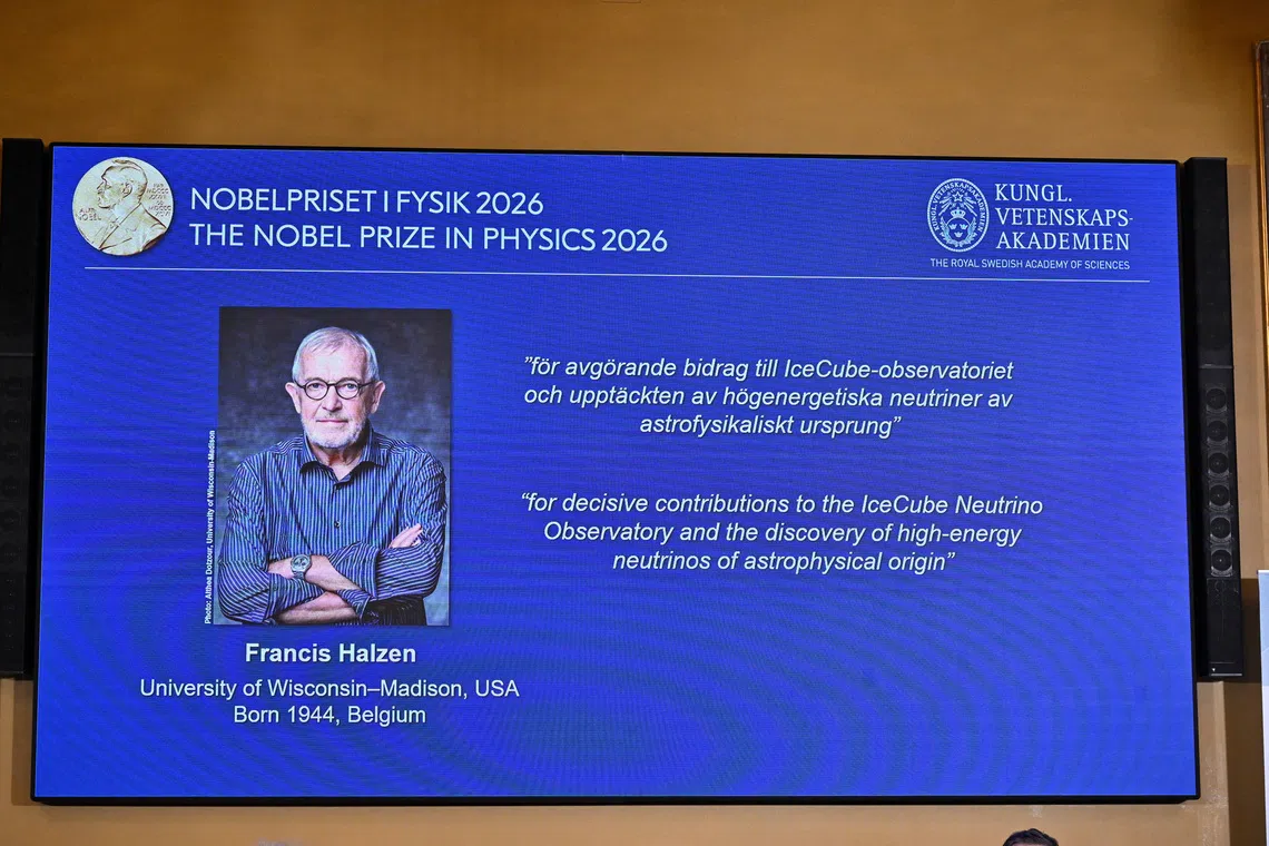 A display board shows that Francis Halzen is announced as the recipient of the 2026 Nobel Prize in Physics during a press conference at the Royal Swedish Academy of Sciences in Stockholm, Sweden, October 6, 2026. TT News Agency/Christine Olsson/ via REUTERS