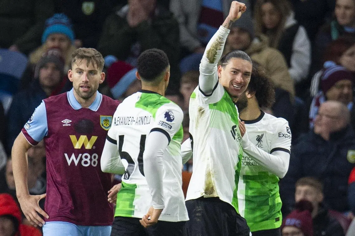Liverpool's Darwin Nunez celebrates after scoring the opening goal against Burnley.