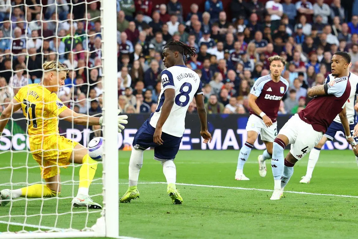 Soccer Football - Premier League - Aston Villa v Tottenham Hotspur - Villa Park, Birmingham, Britain - May 16, 2025  Aston Villa's Ezri Konsa scores their first goal Action Images via Reuters/Andrew Boyers