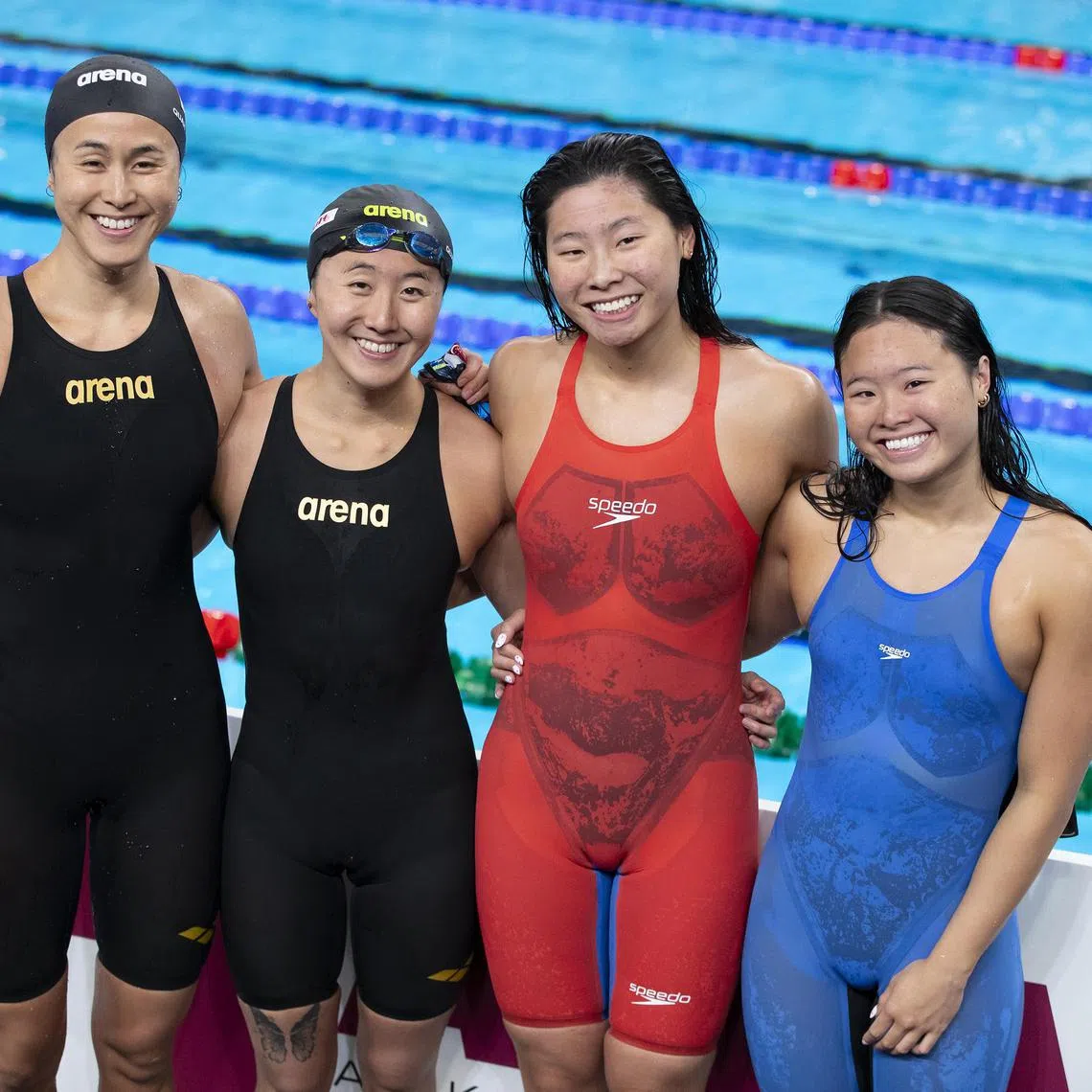 The Singapore women's 4x100m medley relay team set a national record of 4:02.88 at the World Aquatics Championships in Doha, Qatar on Feb 18. (from left) Quah Ting Wen, Quah Jing Wen, Letitia Sim, Levenia Sim.



Credit: World Aquatics