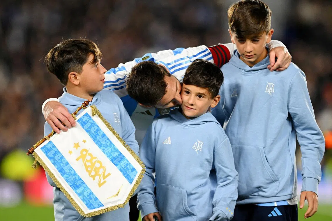 Argentina superstar Lionel Messi holding back tears during the warm-up as he stood alongside his three sons for the Argentine national anthem in what could be his final World Cup qualifying match on home ground in Estadio Monumental, Buenos Aires, Argentina on Sept 4, 2025.