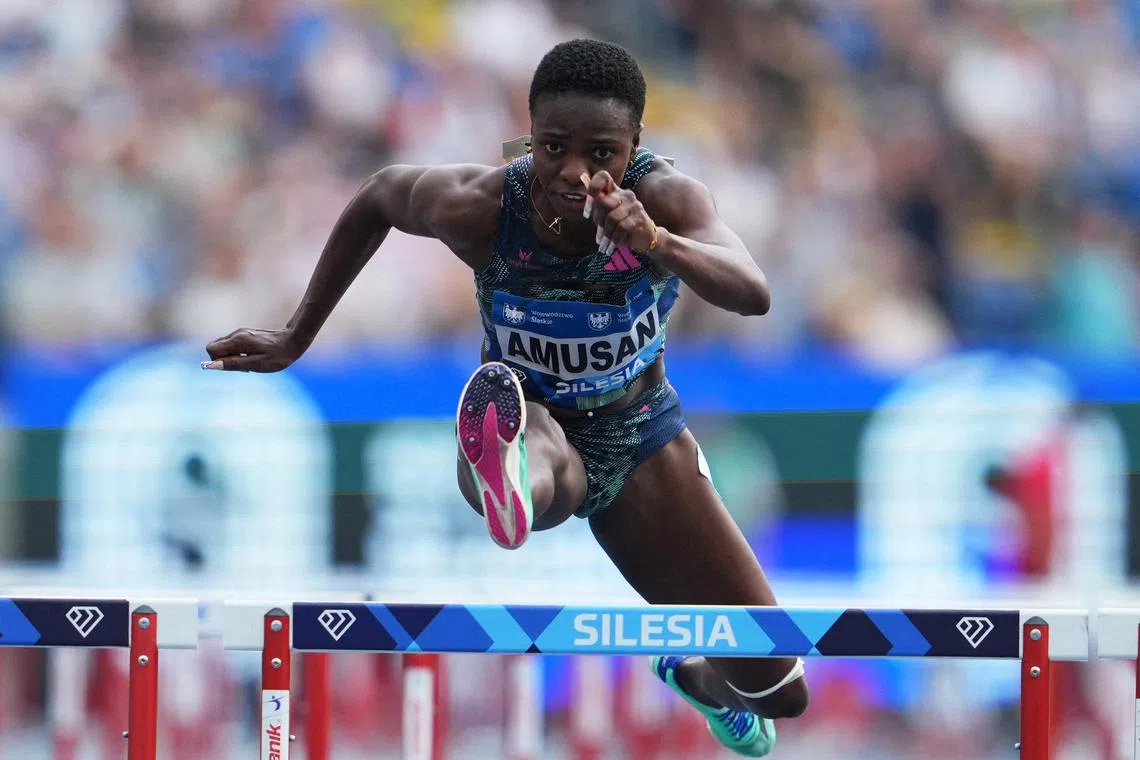 Nigeria's Tobi Amusan in action during the women's 100m hurdles final at Diamond League - Silesia on Sunday. The 100m hurdles world record holder said on Wednesday she has been charged with missing three doping tests but has denied taking performance enhancing substances.