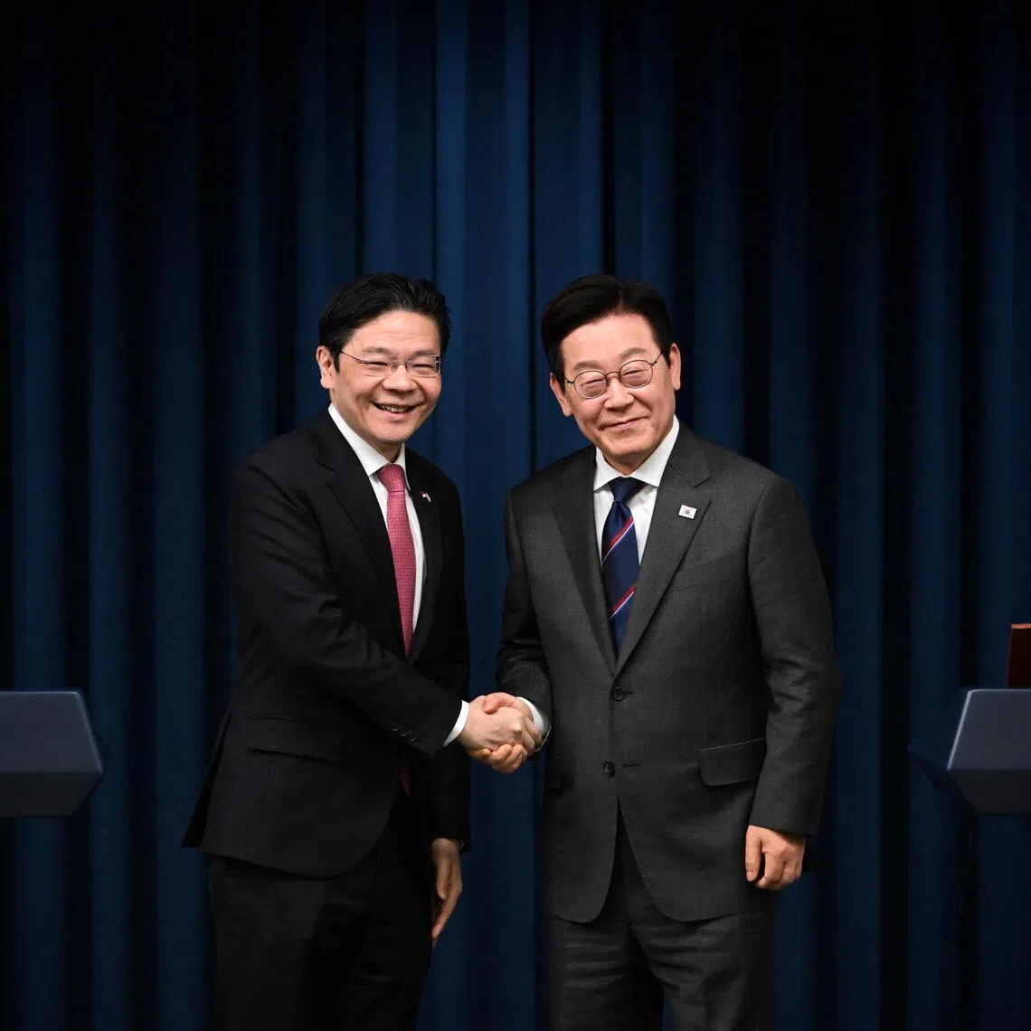 PM Lawrence Wong and South Korea President Lee Jae Myung holding a joint press conference during the state visit on Nov 2, 2025.