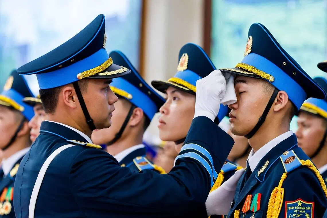 Vietnamese honour guards preparing for the welcome ceremony of Cambodian Prime Minister Hun Manet, at the Government Office in Hanoi, on June 8, 2026. 