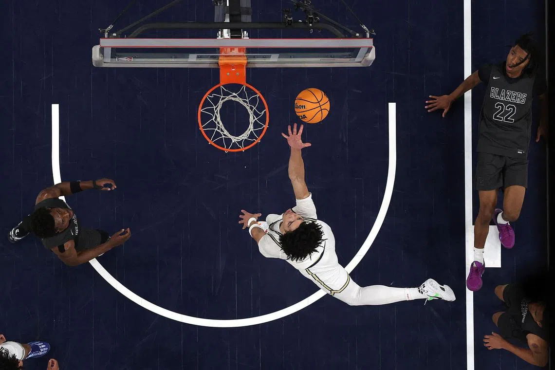 INGLEWOOD, CALIFORNIA - FEBRUARY 01: Tyran Stokes #4 of Notre Dame takes a shot against Sierra Canyon in the second half at Intuit Dome on February 01, 2025 in Inglewood, California.   Ronald Martinez/Getty Images/AFP (Photo by RONALD MARTINEZ / GETTY IMAGES NORTH AMERICA / Getty Images via AFP)