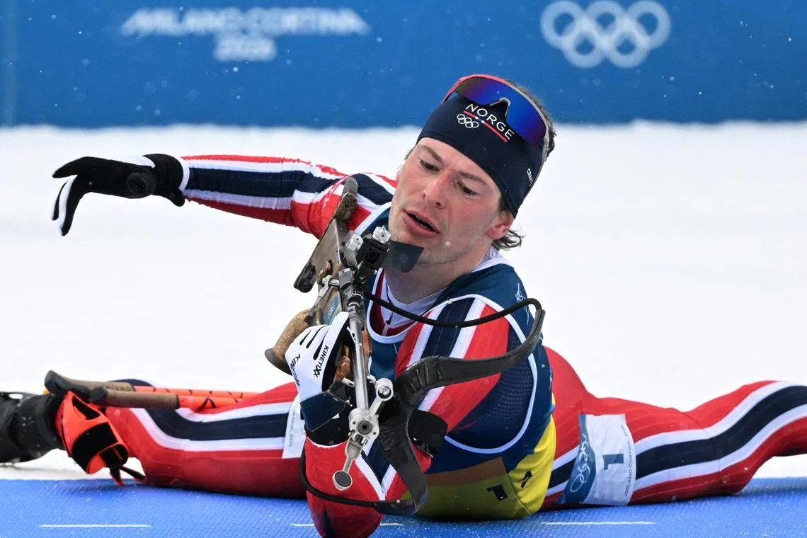 Milano Cortina 2026 Olympics - Biathlon - Men's 4 x 7.5km Relay - Anterselva Biathlon Arena, South Tyrol, Italy - February 17, 2026.  Sturla Holm Laegreid of Norway during the men's 4 x 7.5km relay REUTERS/Pawel Kopczynski
