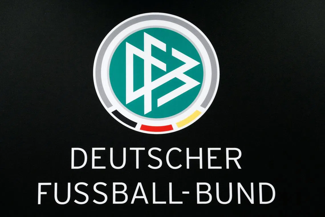 FILE PHOTO: Football Soccer - Euro 2016 - Germany News Conference - Stade Camille Fournier, Evian-Les-Bains, France - 5/7/16 - A logo of the German Football Federation (DFB) is pictured during a news conference. REUTERS/Denis Balibouse/ File Photo