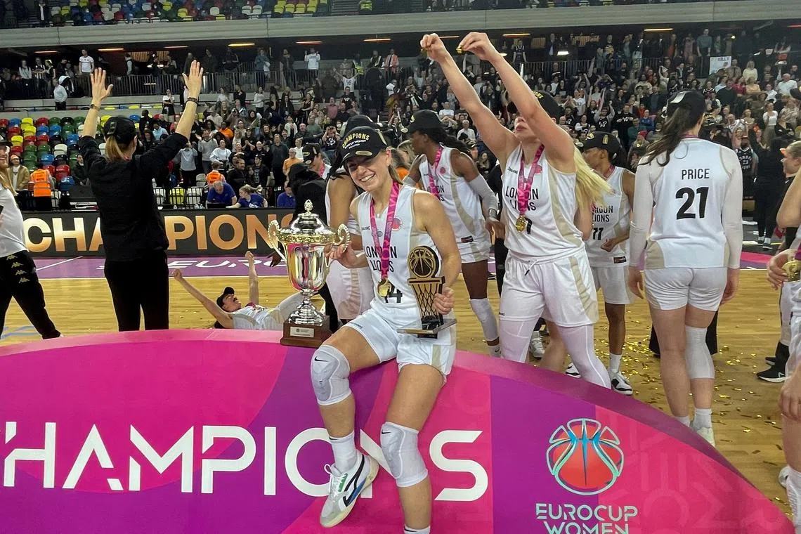 FILE PHOTO: Basketball - EuroCup Women - Final - London Lions v Besiktas - Copper Box Arena in London, Britain - April 10, 2024. Most Valuable Player Karlie Samuelson celebrates the win. REUTERS/Martyn Herman/File Photo