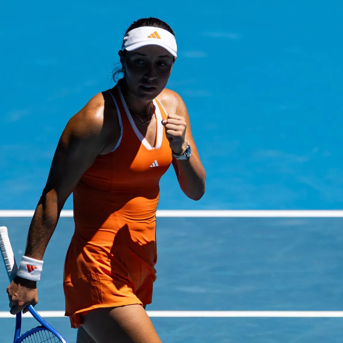 Jan 26, 2026; Melbourne, Victoria, Australia; Jessica Pegula of United States celebrates her victory over Madison Keys of United States in the fourth round of the women’s singles at the Australian Open at Rod Laver Arena in Melbourne Park. Mandatory Credit: Mike Frey-Imagn Images