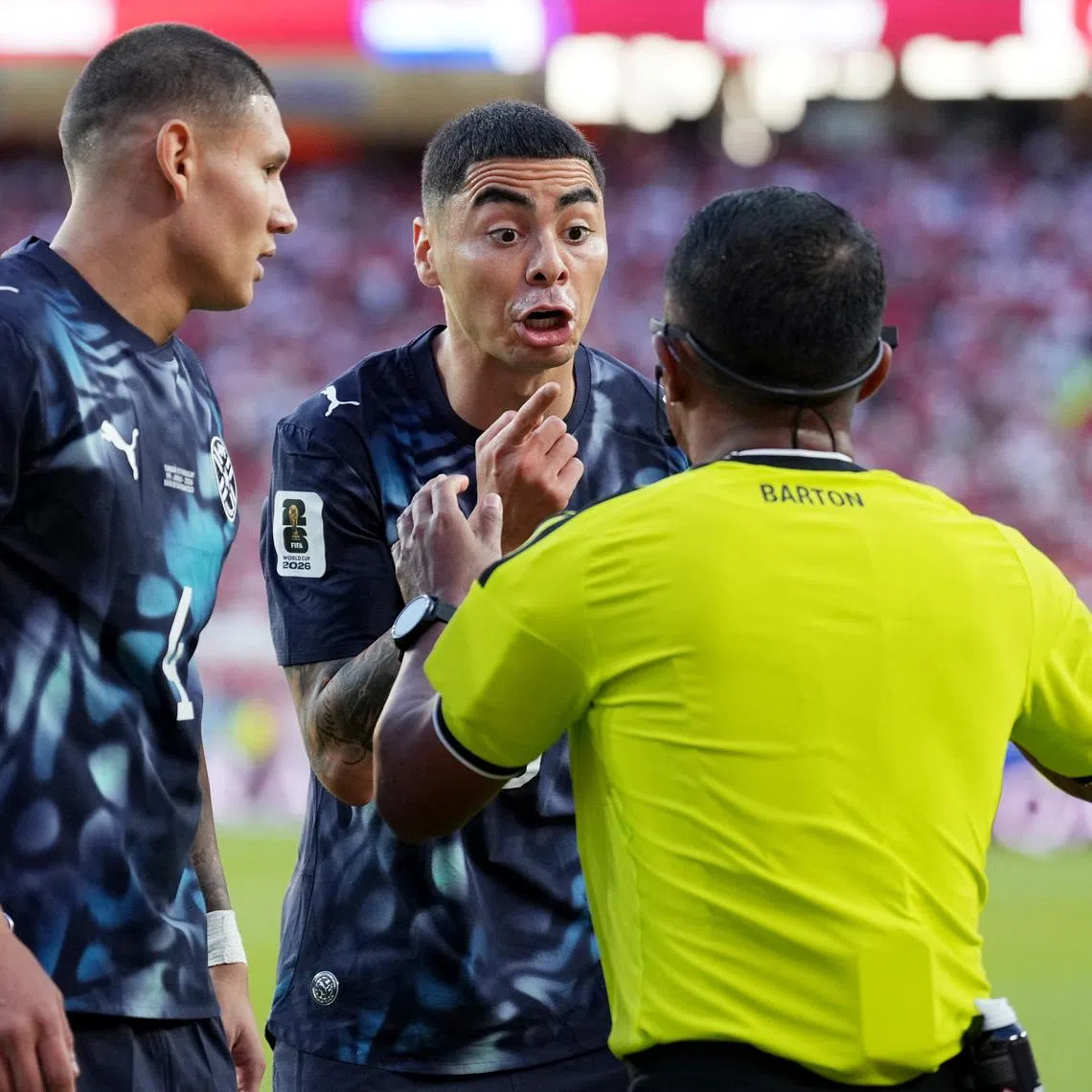 Paraguay's Miguel Almiron was sent off for covering his mouth during an on-field confrontation on June 19.