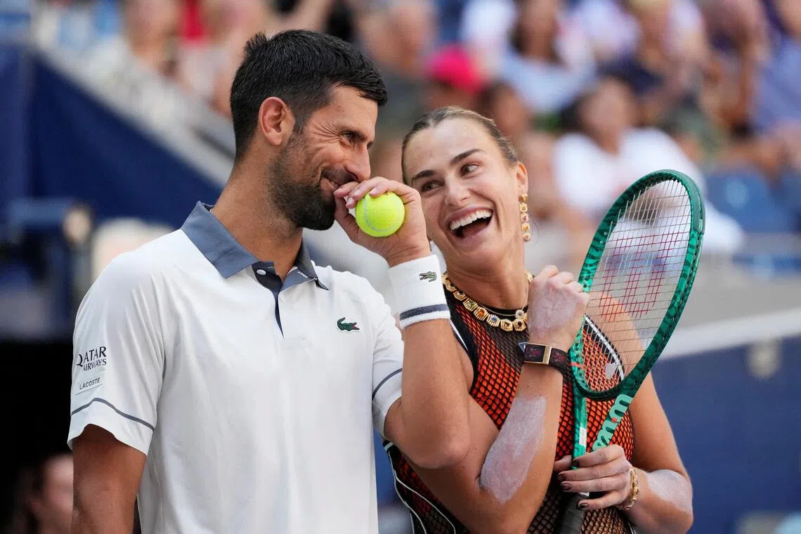 Novak Djokovic and Aryna Sabalenka in action on Aug 25 against Henry Patten and Katerina Siniakova, in the mixed doubles at the US Open.