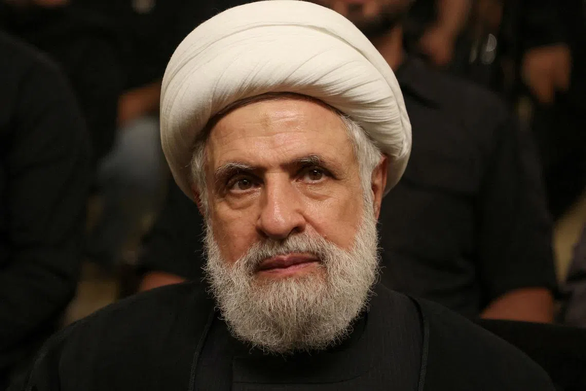 FILE PHOTO: Lebanon's Hezbollah deputy leader Sheikh Naim Qassem attends a memorial service for Mohammed Nasser, Hezbollah's senior commander who was killed on June 3 in an Israeli strike in south Lebanon, in Beirut's southern suburbs, Lebanon, July 10, 2024. REUTERS/Mohamed Azakir/File Photo