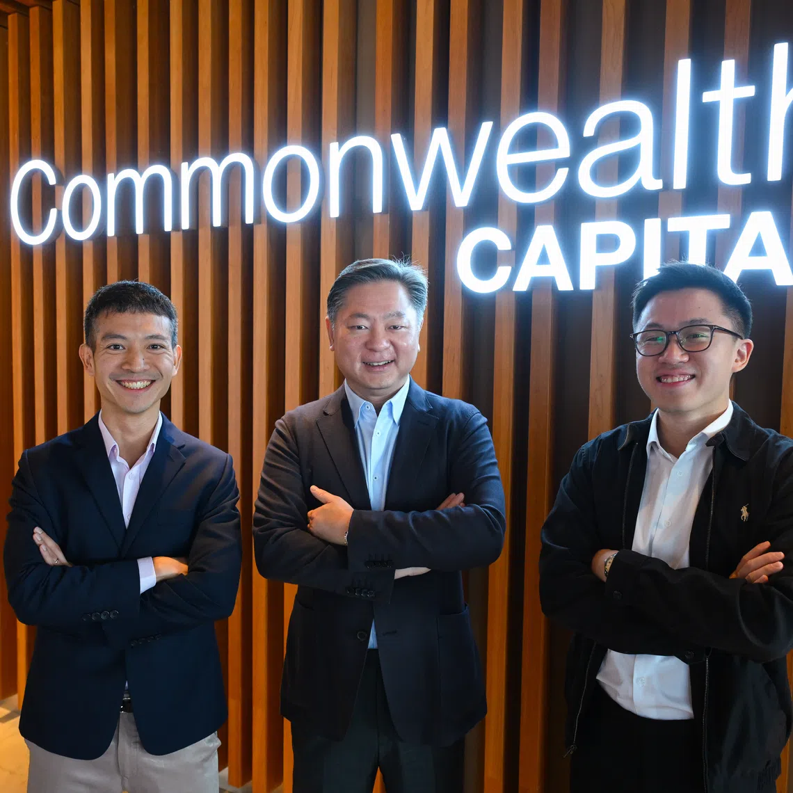 (From left) Shawn Loh, Commonwealth Capital CEO, with executive chairman Andrew Kwan and his son, Ryan Kwan on Oct 2.