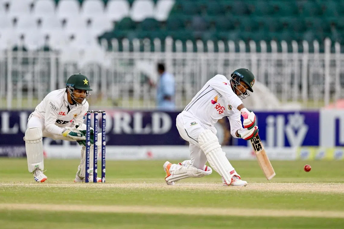 Bangladesh's Zakir Hasan, who was 31 not out, playing a shot on the fourth day of the second and last Test against Pakistan at the Rawalpindi Cricket Stadium on Sept 2, 2024.