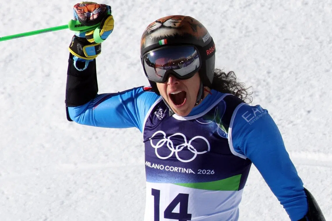 Milano Cortina 2026 Olympics - Alpine Skiing - Women's Giant Slalom Run 2 - Tofane Alpine Skiing Centre, Belluno, Italy - February 15, 2026. Federica Brignone of Italy reacts after her run during the Women's Giant Slalom Run 2 REUTERS/Leonhard Foeger