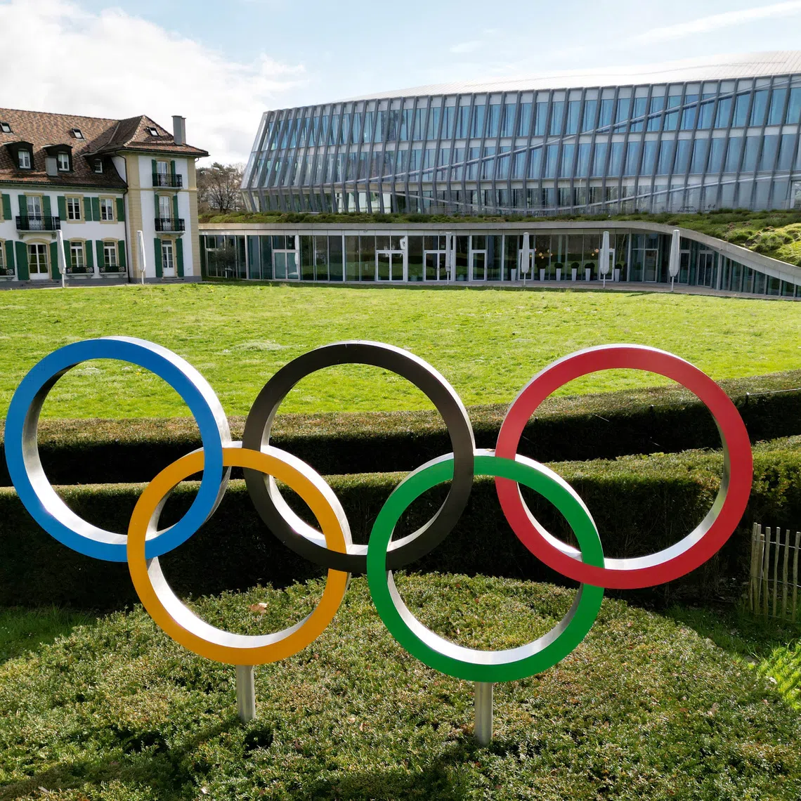 Drone view of the Olympic rings in front to International Olympic Committee (IOC) headquarters in Lausanne, Switzerland, March 19, 2024. REUTERS/Denis Balibouse