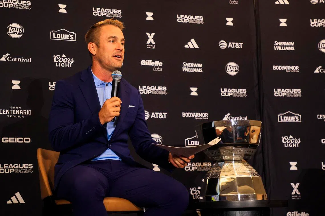Jul 24, 2024; Columbus, Ohio, USA; MLS Season Pass analyst Taylor Twellman speaks during the Leagues Cup 2024 Media Kickoff Event at Hilton Columbus Downtown. Katie Stratman-USA TODAY Sports