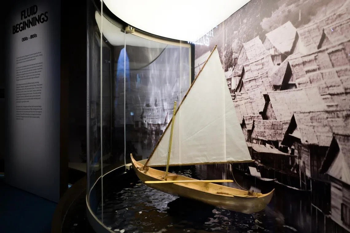 A model of a jongkong (dugout canoe) is displayed in the revamped Singapore History Gallery at the National Museum of Singapore.
