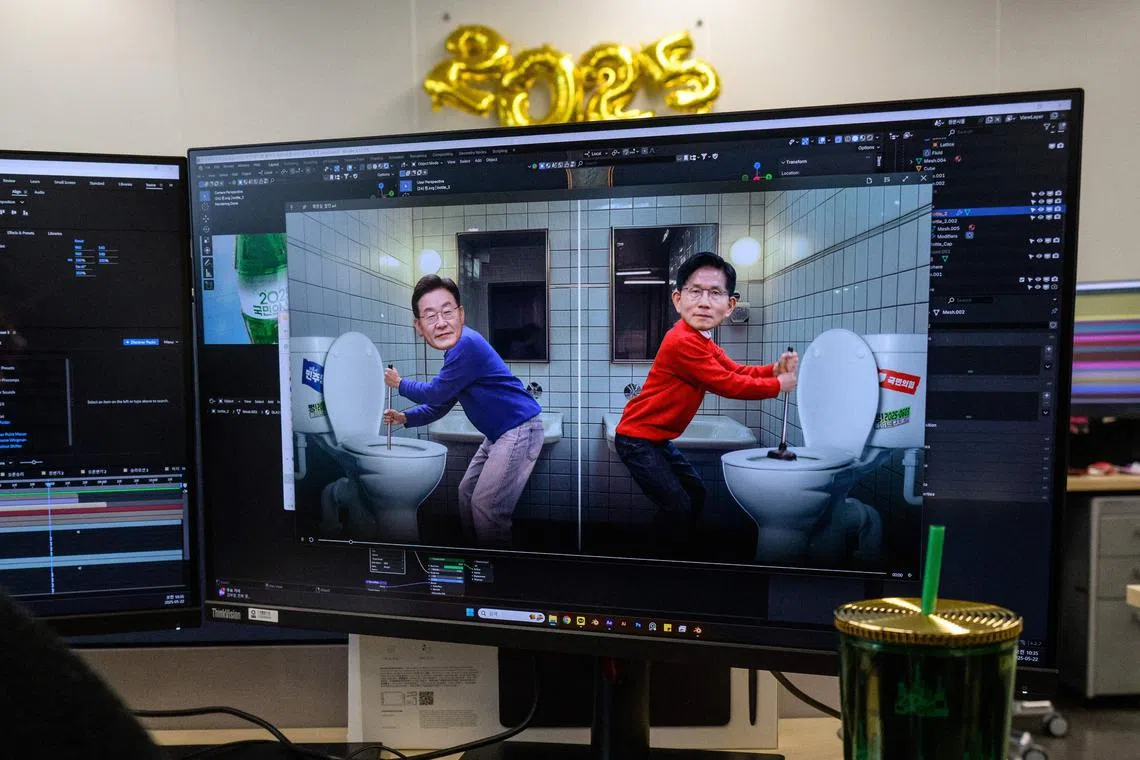 TOPSHOT - This photo taken on May 22, 2025 shows CGI animated graphics depicting (L-R) Lee Jae-myung, the presidential candidate for South Korea's Democratic Party and Kim Moon-soo, the ruling People Power Party nominee, as they plunge toilets on a computer monitor at the headquarters of broadcaster SBS in Seoul. Two candidates vying to be president vigorously plunge a toilet, kick a football, then pop open a soda -- it can only be South Korean election night, where whacky graphics strive to make vote-counting fun. (Photo by ANTHONY WALLACE / AFP) / To go with 'SKOREA-VOTE-TELEVISION, FOCUS' by Hieun Shin and Cat Barton