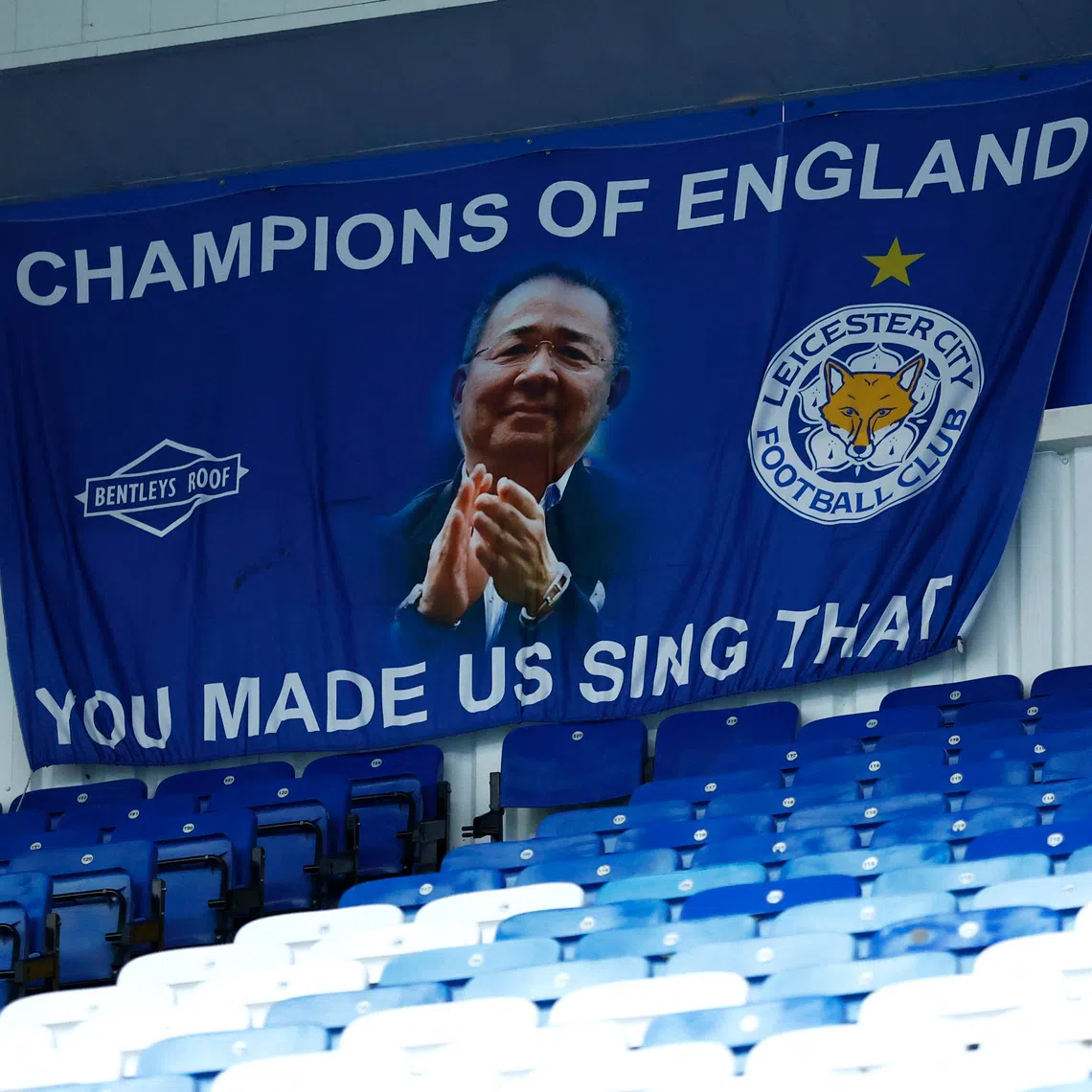 A 2023 photo shows a banner inside Leicester City's stadium featuring late club owner Vichai Srivaddhanaprabha to mark his birthday.